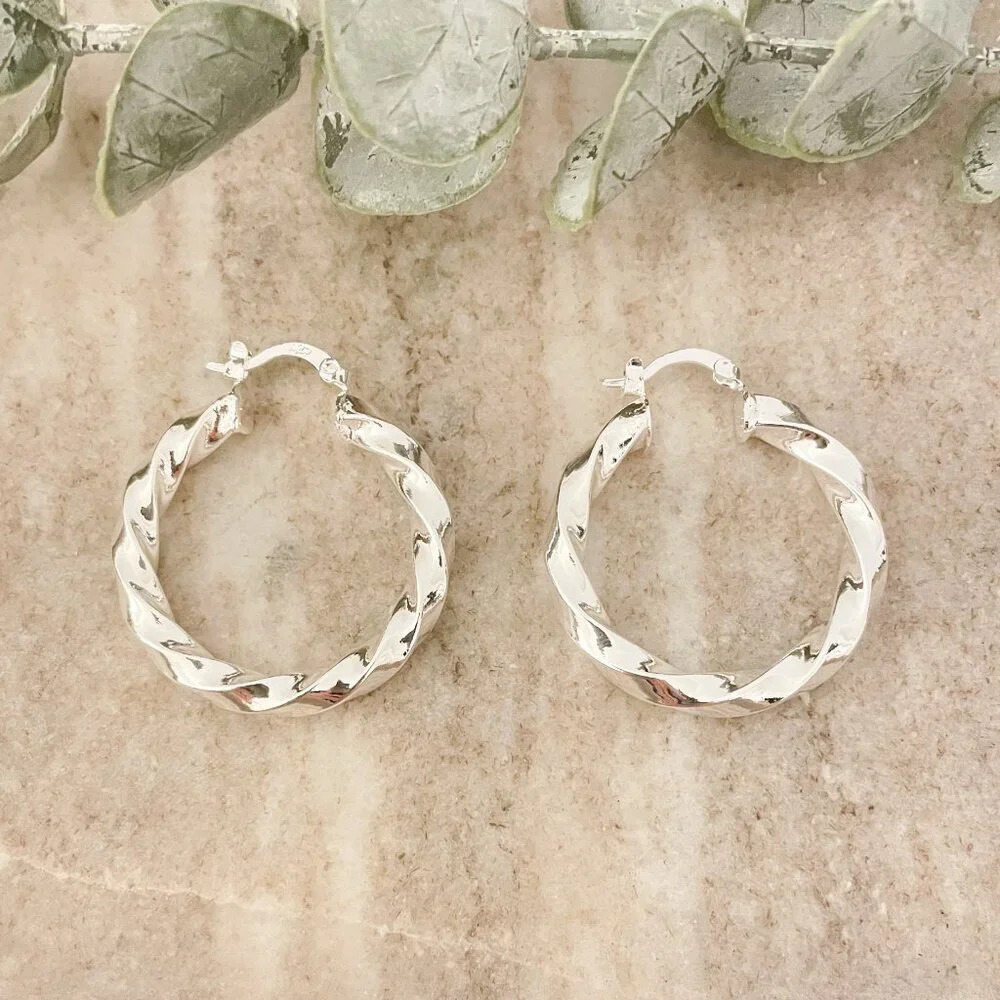 925 Sterling Silver Chunky Hoop Earrings Small Hoops Twist Spiral Hoop Earrings - Picture 1 of 6